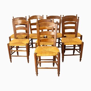 French Straw and Elm Chairs, Late 19th Century, Set of 8