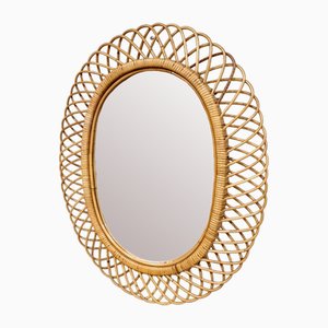 Vintage Oval Rattan & Bamboo Mirror, 1960s