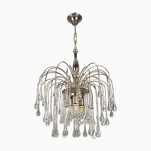 Italian Clear Murano Glass and Chromed Brass Three-Light Waterfall Chandelier, 1970s