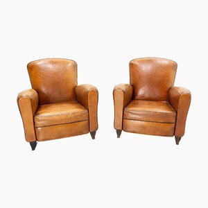 French Club Armchair in Cognac Leather & Studs, 1940s, Set of 2