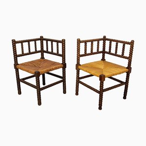 French Turned & Straw Beech Chairs, 1940s, Set of 2