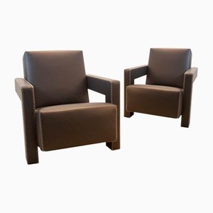 Set of Chocolate Brown Leather Utrecht Lounge Chairs by Gerrit Rietveld for Cassina, 1980s