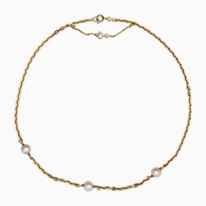 Modern Cultured Pearls Convict Mesh 18 Karat Yellow Gold Choker Necklace