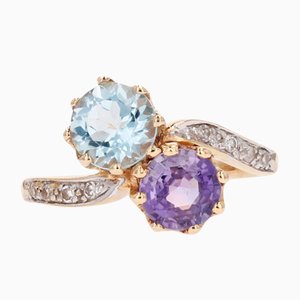 French Aquamarine Purple Sapphire Diamonds 18k Yellow Gold You and Me Ring, 1960s
