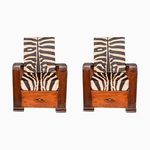 Art Deco Wooden Lounge Chairs with Folding Backs and Zebra Skin Cushions, Set of 2