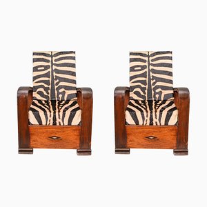 Poltrone Art Déco in legno con schienale ribaltabile e cuscini in pelle di zebra, set di 2