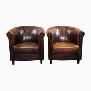 Sheep Leather Club Armchairs with Stitching and Decorative Nails, Set of 2