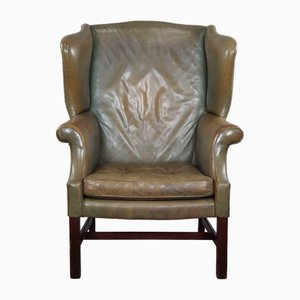 Fauteuil à Ailes en Cuir Vert