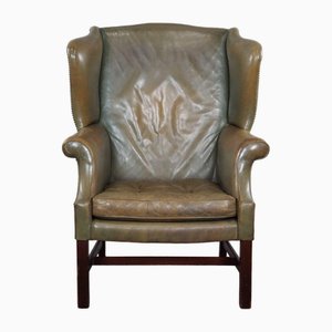 Green Leather Winged Armchair