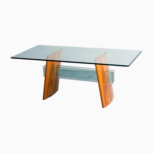 Mesa de comedor de vidrio y madera, años 80