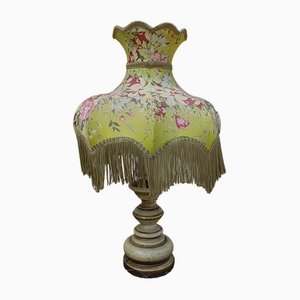 Vintage Hollywood Regency Wooden Floral Lamp with Fabric Lampshade, 1980s