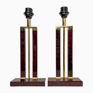 Dutch Brass and Red Acrylic Colomn Table Lamps, 1970, Set of 2