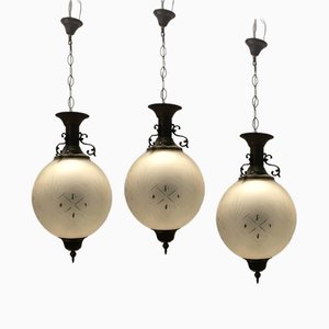 Lampade a sospensione vintage in vetro bronzo, anni '50, set di 3