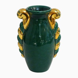 Petit Vase Mid-Century en Forme d'Amphore en Faïence Verte et Dorée par Poët Laval, France, 1950s