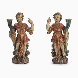 Italian Artist, Sculptures of Angels, Lacquered and Gilded Wood, 1650, Set of 2