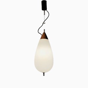 Ovoid Pendant in White Opalin Glass and Brown Wood by Goffredo Reggiani, 1960