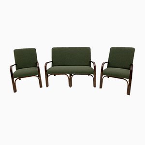 Grüne italienische Art Deco Boucle Armlehnstühle & kleines Sofa, 1930er, 3er Set