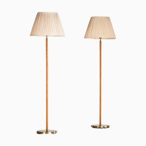 Brass & Leather Floor Lamps, Sweden, 1950s, Set of 2