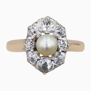 20. Jh. Gelbgold Platin Marquise Ring mit Perlen und Diamanten