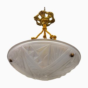 French Art Deco White Frosted Glass and Bronze Pendant Light by Noverdy, 1930s