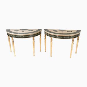 Tables Console Adams avec Plateau Peint Doré Demi Lune, Set de 2