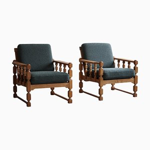 Lounge Chairs in Oak & Green Bouclé in the style of Henning Kjærnulf, 1960s, Set of 2
