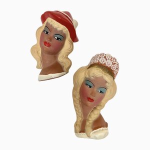 Vintage Ceramic Wall Masks of Young Women, 1960s, Set of 2