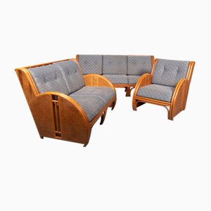 Mid-Century Wicker and Cane Sofa and Lounge Chairs Set, Set of 3