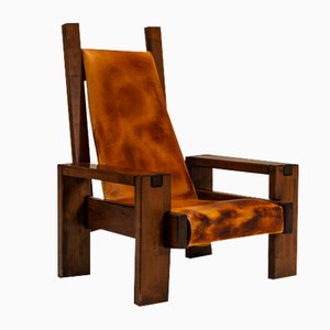 Lounge Chair in Elm and Leather in the syle of Pierre Chapo, France, 1970s