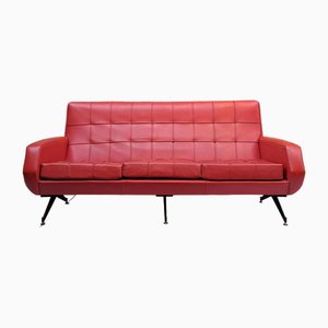 3-Seater Sofa in Red Skai with Adjustable Brass Feet, 1950s