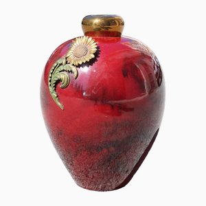 Art Deco Red Ceramic Vase with Gold and Brass, 1930s