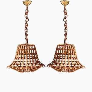 Bamboo & Brass Ceiling Lamps, Italy, 1950s, Set of 2