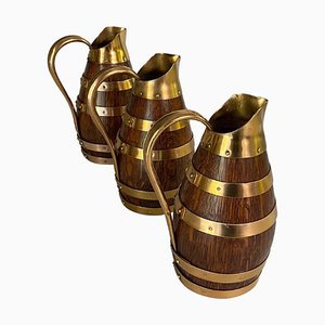 Oak and Brass Barrel Form Pitchers from Gerard Lafitte, France, 1933, Set of 3