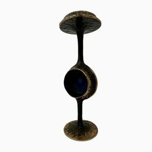 Brutalist Bronze Candle Stick with Blue Crystal, 1970s