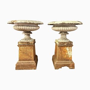 Antique English Cast Iron Urns on Plinths, 1880, Set of 2