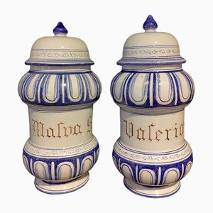 18th Century Malva and Valeriana Albarelli Jars in Blue and White Ceramic with Original Lids, Set of 2