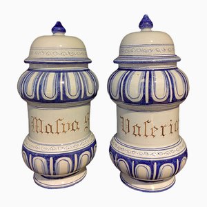 Bocaux Malva et Valeriana Albarelli 18ème Siècle en Céramique Bleue et Blanche avec Couvercles Original, Set de 2