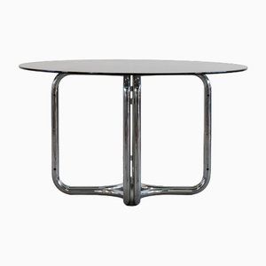Mesa redonda con base de acero y tablero de vidrio de Giotto Stoppino, años 70