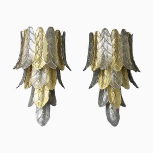Long Textured Golden and Smoked Murano Glass Sconces in Palm Tree Shape from Barovier & Toso, 1990s, Set of 2