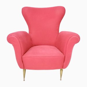 Fauteuil à Oreilles Vintage en Coton Rouge avec Pieds en Laiton, Italie