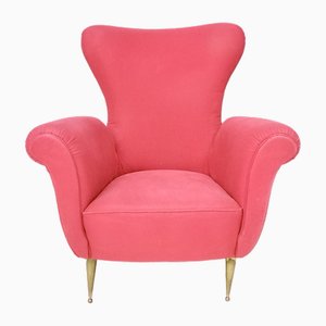 Vintage Red Cotton Wingback Armchair with Brass Feet, Italy