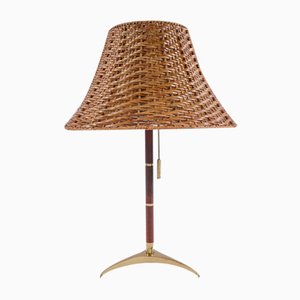 Lampada da tavolo Mid-Century moderna in ottone, vimini e teak, Austria, anni '50