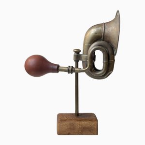 Vintage Scrap Art Sculpture with Brass Car Horn