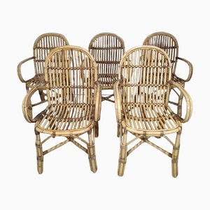 Chaises Vintage avec Plaques en Bambou et Rotin, Set de 5