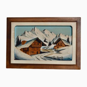 A. Chapel, Winter Landscape, Painted Relief on Wooden Panel, Framed