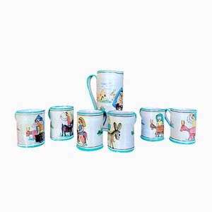 Italian Ceramic Mugs & Pitcher Tea Service with Hand-Painted Rural Image Motifs by Andrea Darienzo for Vietri, 1950s, Set of 7