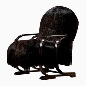 Fauteuil en Peau de Mouton et Accoudoirs en Bois Courbé, 1980s