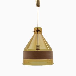 Yellow Tinted Glass Pendant Lamp with Leather by J.T. Kalmar, Austria, 1970s