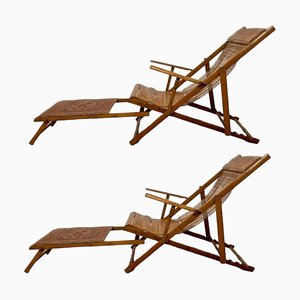 Antique Bamboo Chaise Lounges with Ottoman, Set of 2