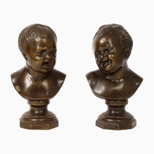 Bronzes d'Après Houdon, Jean qui rit Jean qui pleure, 19ème Siècle, Set de 2